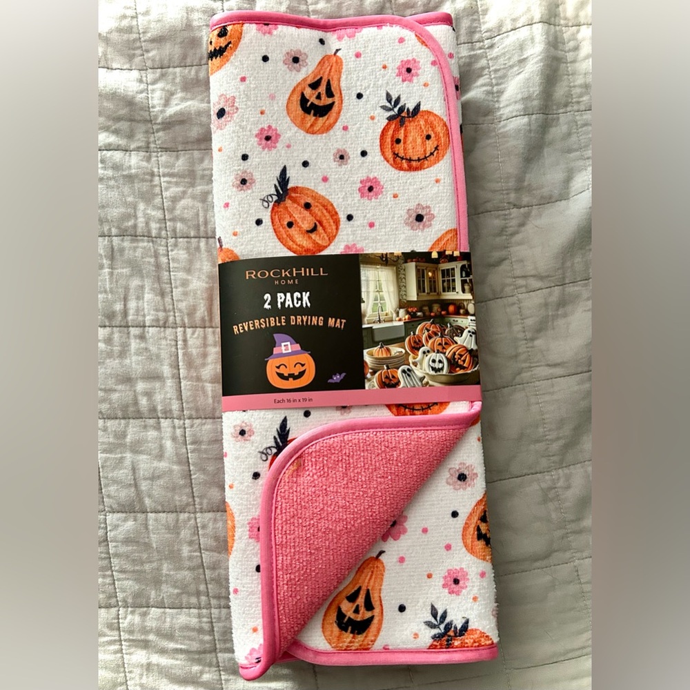 Halloween Dish Drying Mat Set Pink reversible NEW pink pumpkins
